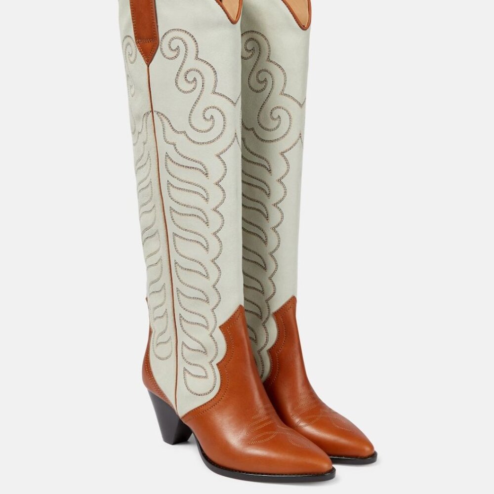 Isabel Marant Two-Tone Tan and Cream Western Knee-High Heeled Boots - Picture 3 of 6